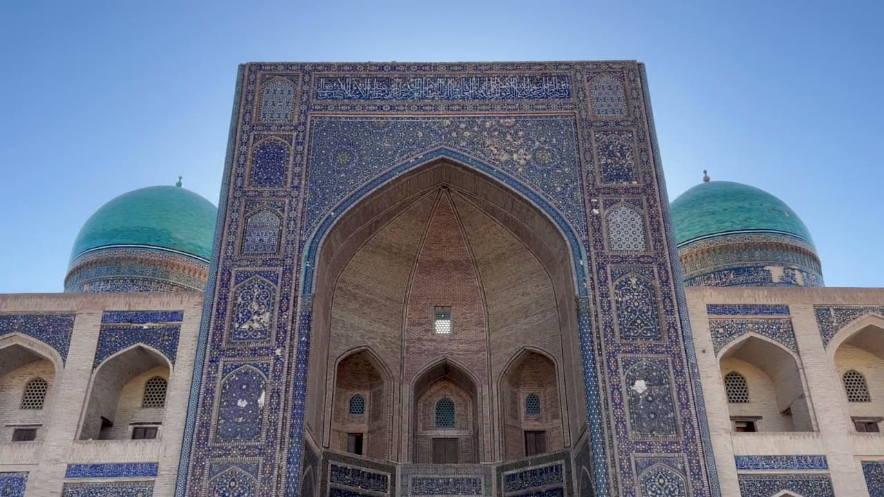 البوابة المزخرفة بالقاشاني والقباب الفيروزية لمدرسة مير عرب في بخارى